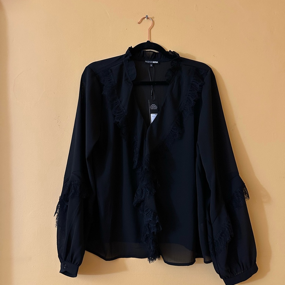 Fashion Nova Black Lace Fringed Blouse